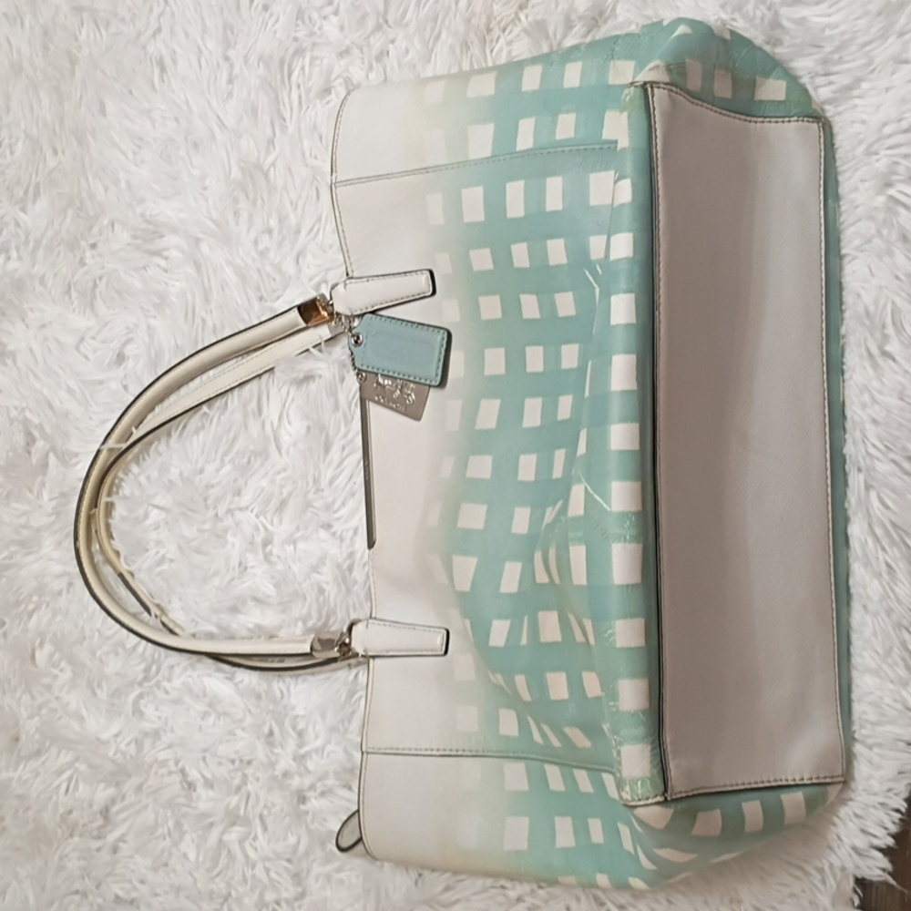 Authentic Coach Madison Saffanio Duck Blue & Cream Gingham Checkered Tote Bag